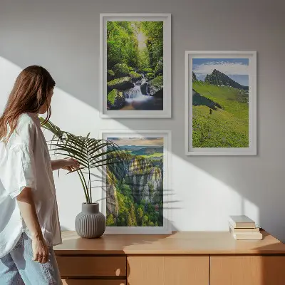Set of 3 framed wall art pieces featuring a green mountain waterfall forest