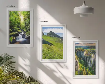 Set of 3 framed wall art pieces featuring a green mountain waterfall forest