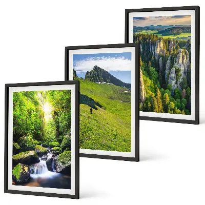 Set of 3 framed wall art pieces featuring a green mountain waterfall forest