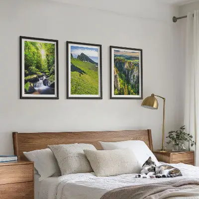 Set of 3 framed wall art pieces featuring a green mountain waterfall forest
