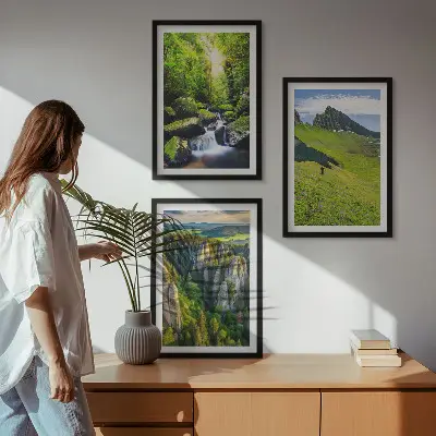 Set of 3 framed wall art pieces featuring a green mountain waterfall forest