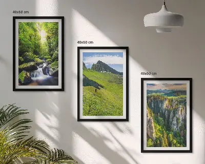 Set of 3 framed wall art pieces featuring a green mountain waterfall forest