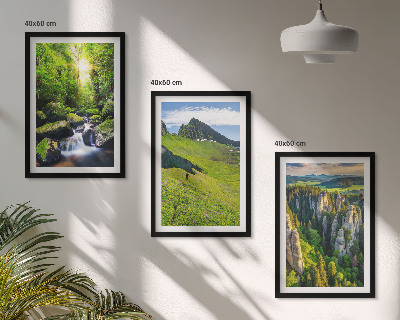 Set of 3 framed wall art pieces Green mountains waterfall forest