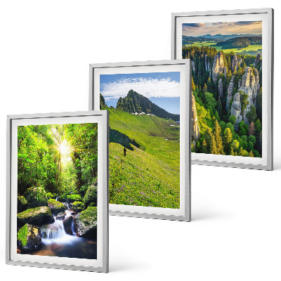 Set of 3 framed wall art pieces Green mountains waterfall forest