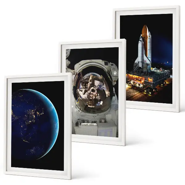Set of 3 framed wall art pieces featuring space, earth, astronaut, and rocket designs