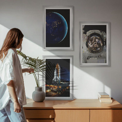 Set of 3 framed wall art pieces Space Earth astronaut rocket