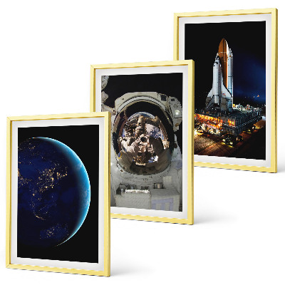 Set of 3 framed wall art pieces Space Earth astronaut rocket