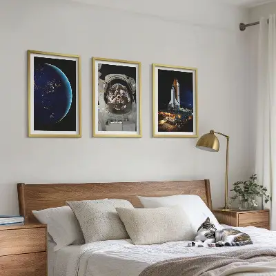 Set of 3 framed wall art pieces featuring space, earth, astronaut, and rocket designs