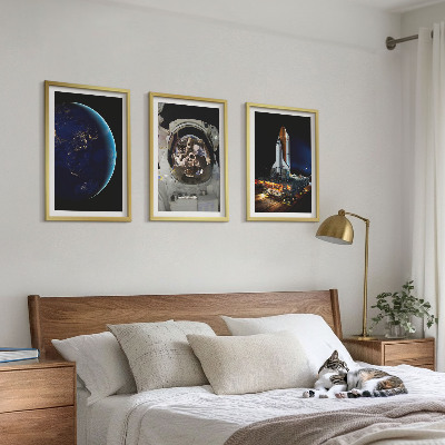 Set of 3 framed wall art pieces Space Earth astronaut rocket