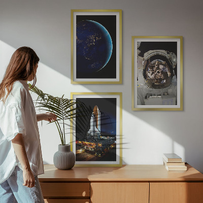 Set of 3 framed wall art pieces Space Earth astronaut rocket