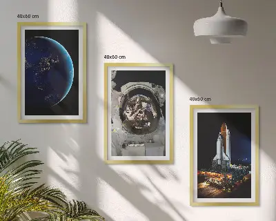 Set of 3 framed wall art pieces featuring space, earth, astronaut, and rocket designs