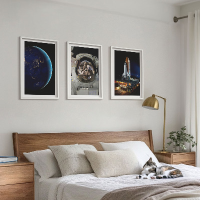 Set of 3 framed wall art pieces Space Earth astronaut rocket
