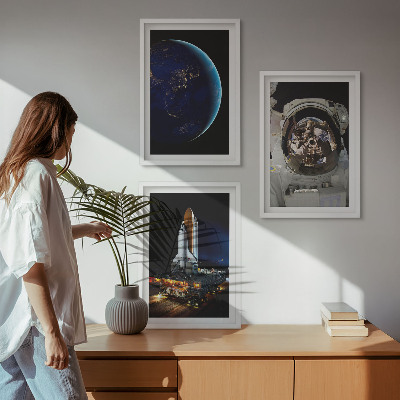 Set of 3 framed wall art pieces Space Earth astronaut rocket