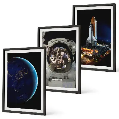 Set of 3 framed wall art pieces featuring space, earth, astronaut, and rocket designs