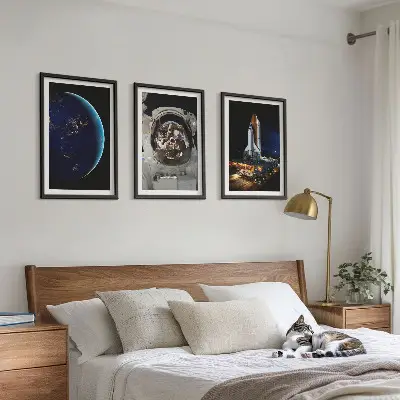 Set of 3 framed wall art pieces featuring space, earth, astronaut, and rocket designs