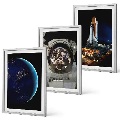 Set of 3 framed wall art pieces featuring space, earth, astronaut, and rocket designs