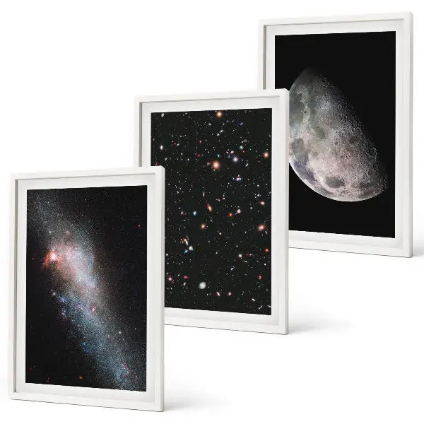 Wall art set featuring space galaxies, stars, and the moon