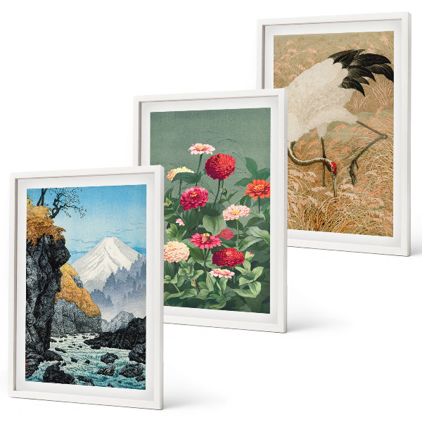 Set of 3 framed wall art pieces Mountains landscape river flowers cranes