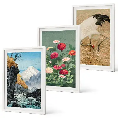 Set of 3 framed wall art pieces featuring a mountain landscape with a river, flowers, and cranes