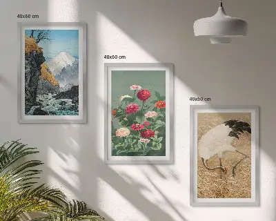 Set of 3 framed wall art pieces featuring a mountain landscape with a river, flowers, and cranes