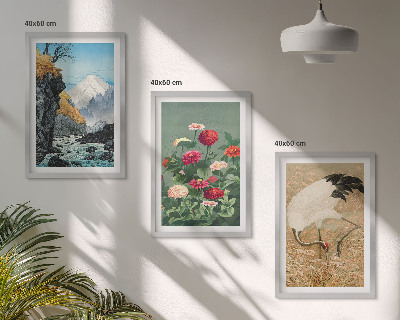 Set of 3 framed wall art pieces Mountains landscape river flowers cranes