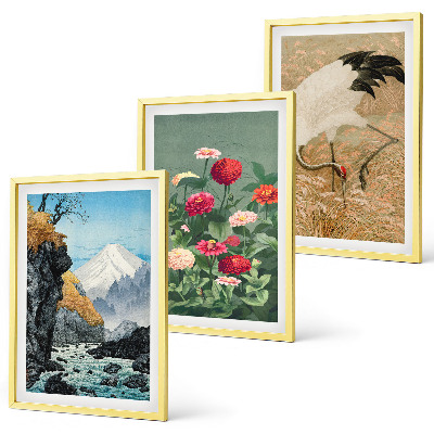 Set of 3 framed wall art pieces Mountains landscape river flowers cranes