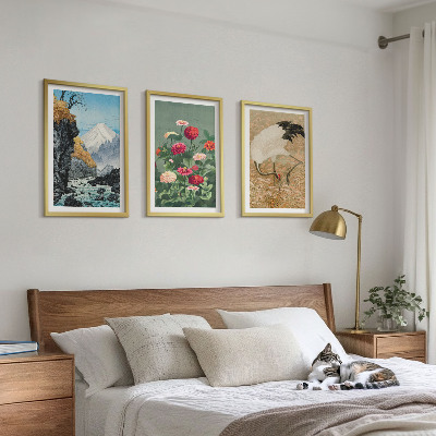 Set of 3 framed wall art pieces Mountains landscape river flowers cranes