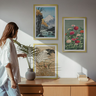 Set of 3 framed wall art pieces Mountains landscape river flowers cranes