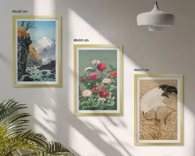 Set of 3 framed wall art pieces featuring a mountain landscape with a river, flowers, and cranes