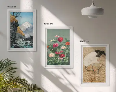 Set of 3 framed wall art pieces featuring a mountain landscape with a river, flowers, and cranes