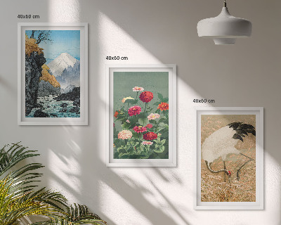 Set of 3 framed wall art pieces Mountains landscape river flowers cranes