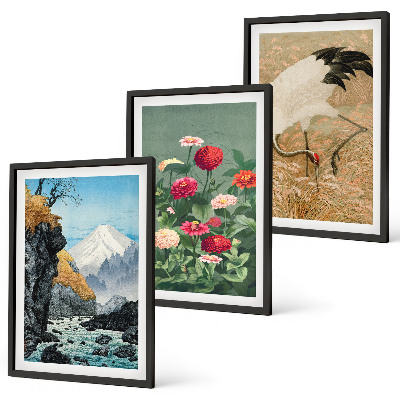 Set of 3 framed wall art pieces Mountains landscape river flowers cranes