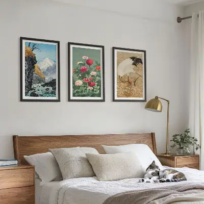 Set of 3 framed wall art pieces featuring a mountain landscape with a river, flowers, and cranes