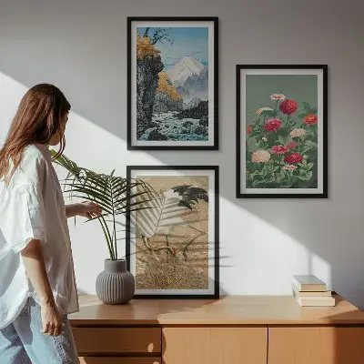 Set of 3 framed wall art pieces featuring a mountain landscape with a river, flowers, and cranes