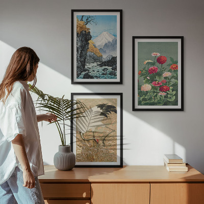 Set of 3 framed wall art pieces Mountains landscape river flowers cranes