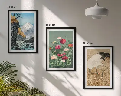 Set of 3 framed wall art pieces featuring a mountain landscape with a river, flowers, and cranes