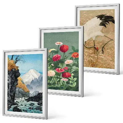 Set of 3 framed wall art pieces featuring a mountain landscape with a river, flowers, and cranes