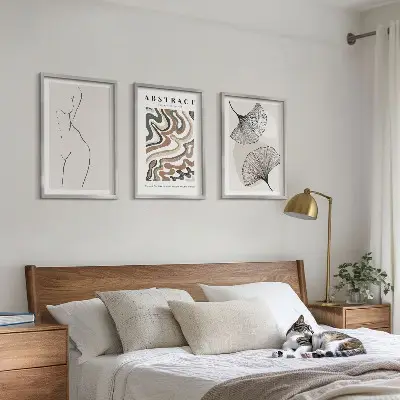 Set of 3 framed wall art pieces featuring abstract boho patterns and shapes