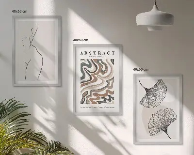 Set of 3 framed wall art pieces featuring abstract boho patterns and shapes