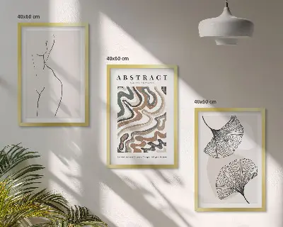 Set of 3 framed wall art pieces featuring abstract boho patterns and shapes