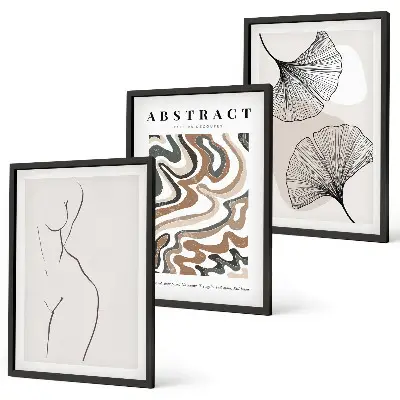 Set of 3 framed wall art pieces featuring abstract boho patterns and shapes