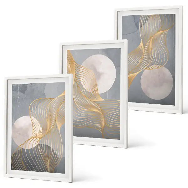 Wall art set featuring abstract patterns of waves and circles