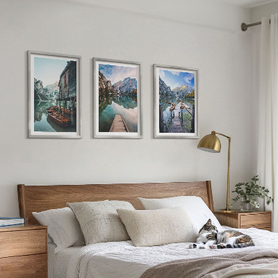Three-piece wall art piece Lake mountains wooden boats