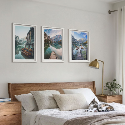 Three-piece wall art piece Lake mountains wooden boats