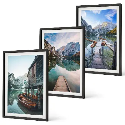 Three-piece wall art set featuring lake, mountains, and wooden boats