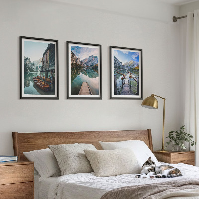 Three-piece wall art piece Lake mountains wooden boats