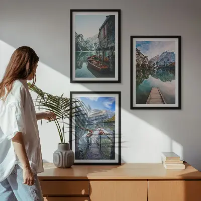 Three-piece wall art set featuring lake, mountains, and wooden boats
