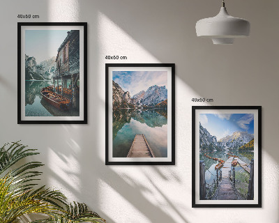 Three-piece wall art piece Lake mountains wooden boats
