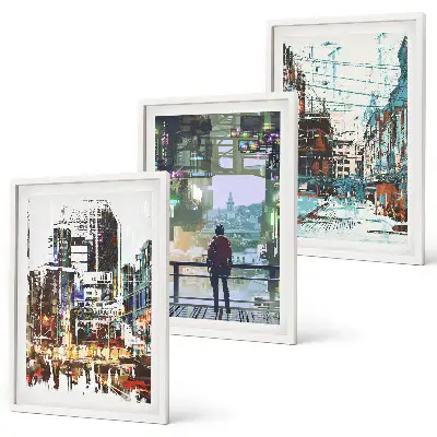 Set of 3 framed wall art pieces modern cities with colorful characters