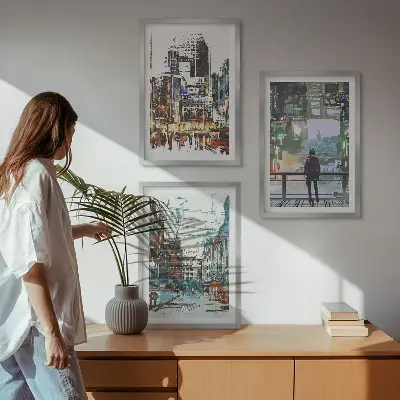 Set of 3 framed wall art pieces modern cities with colorful characters